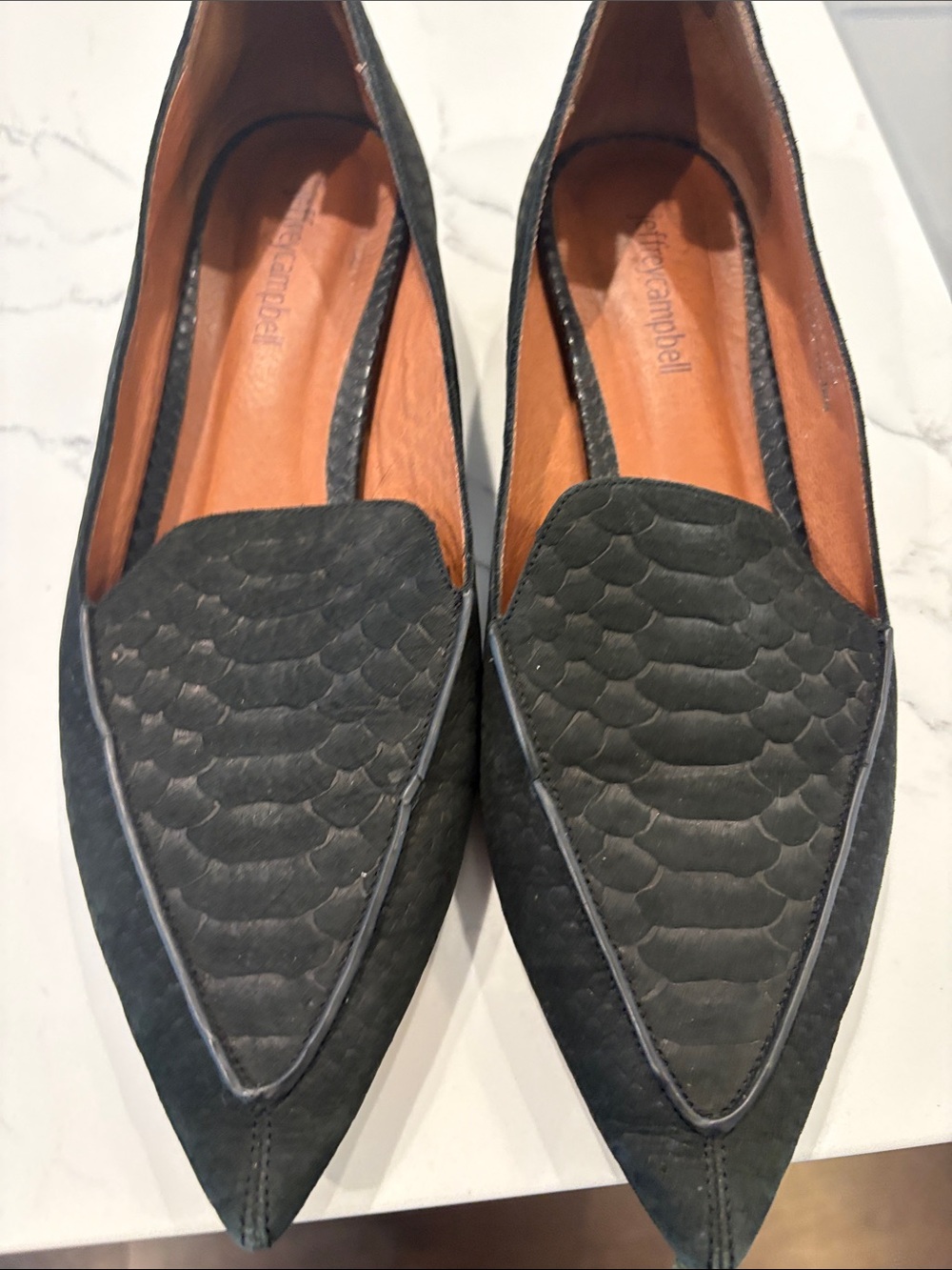 Jeffrey Campbell Black Pointed Loafers with Scaled Texture in suede